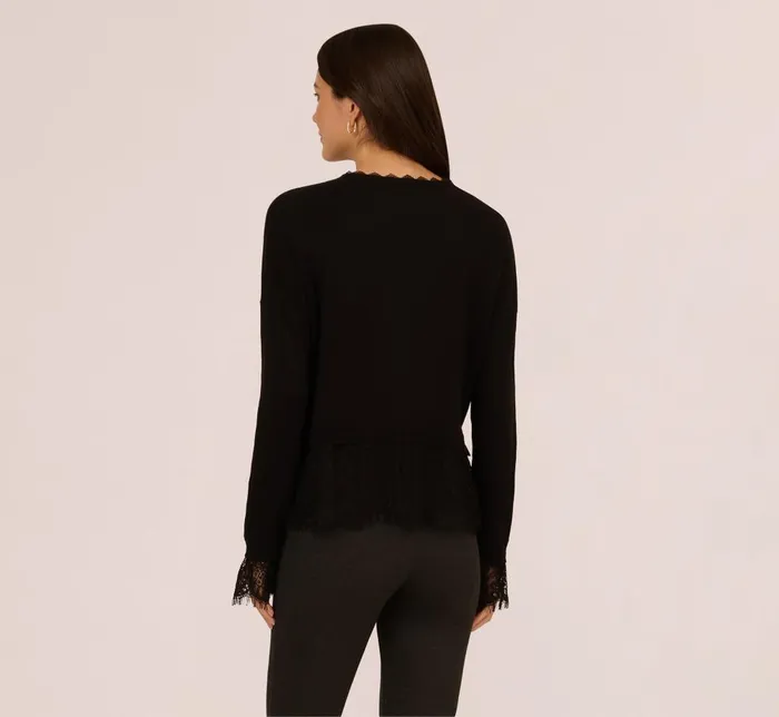 Adrianna Papell Sweaters V Neck Lace Trim Twofer Sweater In Black 8211 Women