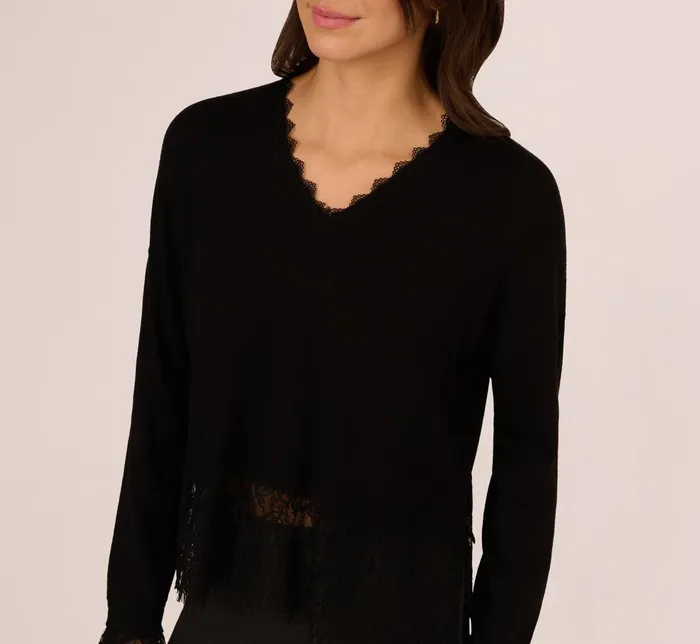 Adrianna Papell Sweaters V Neck Lace Trim Twofer Sweater In Black 8211 Women