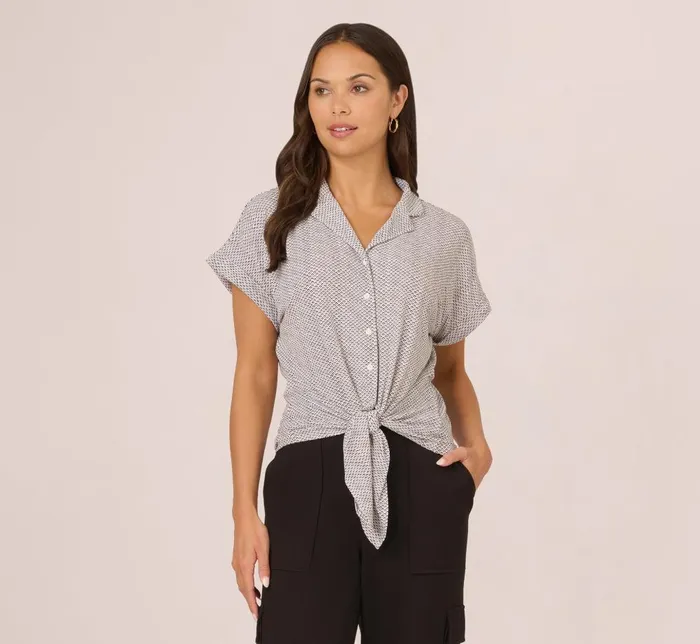 Adrianna Papell Tops and Blouses Printed Short Sleeve Collared Top With Tie Front In Ivory Arrow Geo 8211 Women Adrianna Papell Tops and Blouses Printed Short Sleeve Collared Top With Tie Front In Ivory Arrow Geo 8211 Women