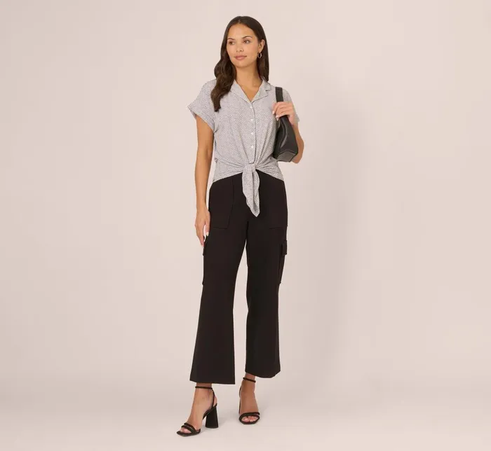 Adrianna Papell Tops and Blouses Printed Short Sleeve Collared Top With Tie Front In Ivory Arrow Geo 8211 Women