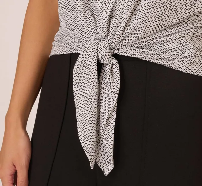 Adrianna Papell Tops and Blouses Printed Short Sleeve Collared Top With Tie Front In Ivory Arrow Geo 8211 Women