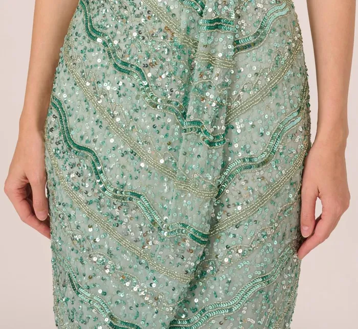 Adrianna Papell Wedding Guest Dresses Beaded Faux Wrap Dress With Sheer Cap Sleeves In Icy Sage 8211 Women