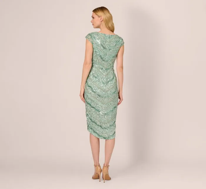Adrianna Papell Wedding Guest Dresses Beaded Faux Wrap Dress With Sheer Cap Sleeves In Icy Sage 8211 Women