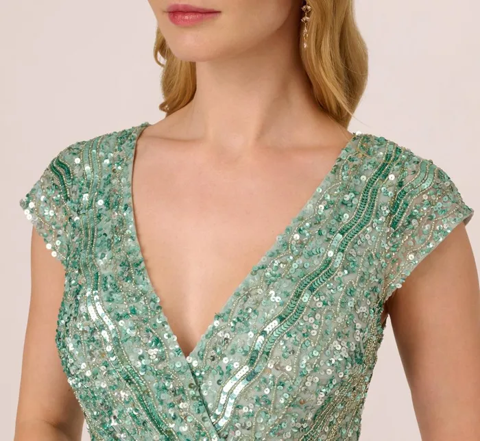 Adrianna Papell Wedding Guest Dresses Beaded Faux Wrap Dress With Sheer Cap Sleeves In Icy Sage 8211 Women