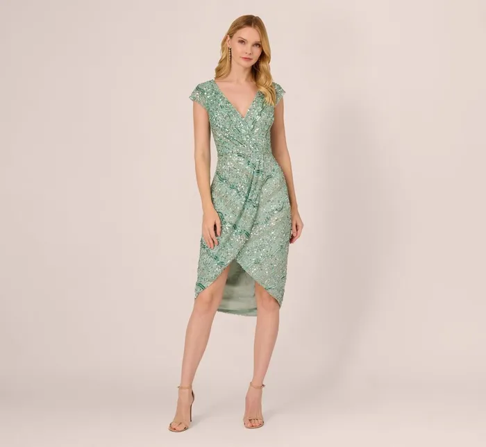 Adrianna Papell Wedding Guest Dresses Beaded Faux Wrap Dress With Sheer Cap Sleeves In Icy Sage 8211 Women