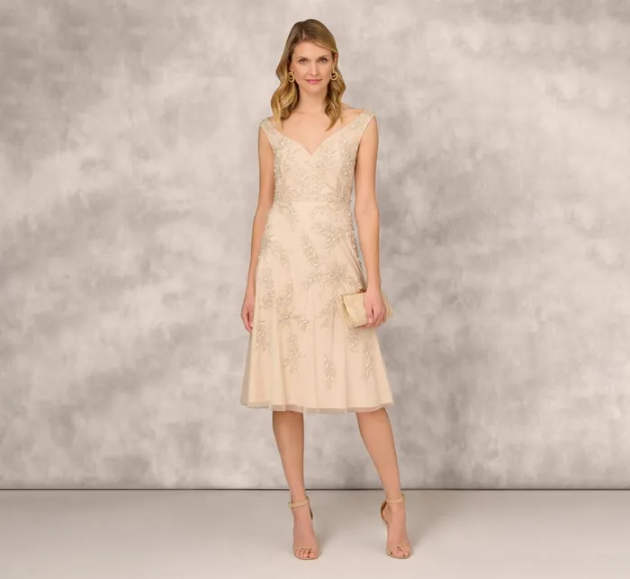 Adrianna Papell Wedding Guest Dresses Beaded Sleeveless Midi Dress With Sweetheart Neckline In Champagne 8211 Women