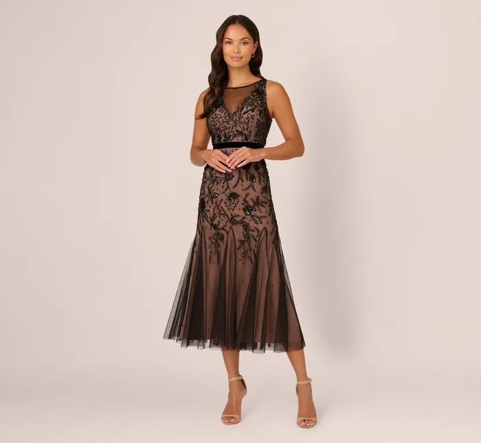 Adrianna Papell Wedding Guest Dresses Illusion Neckline Beaded Dress In Black Rosegold 8211 Women