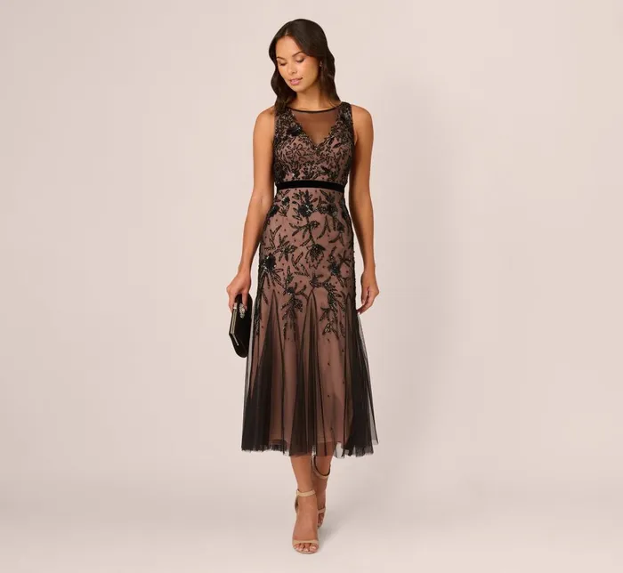 Adrianna Papell Wedding Guest Dresses Illusion Neckline Beaded Dress In Black Rosegold 8211 Women