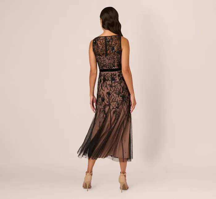 Adrianna Papell Wedding Guest Dresses Illusion Neckline Beaded Dress In Black Rosegold 8211 Women