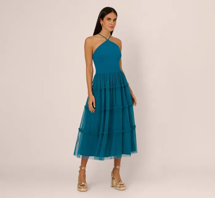 Adrianna Papell Wedding Guest Dresses Knit And Mesh Tiered Midi Halter Dress In Peacock 8211 Women