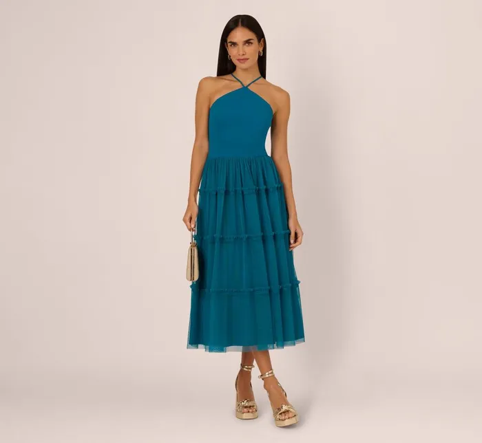Adrianna Papell Wedding Guest Dresses Knit And Mesh Tiered Midi Halter Dress In Peacock 8211 Women