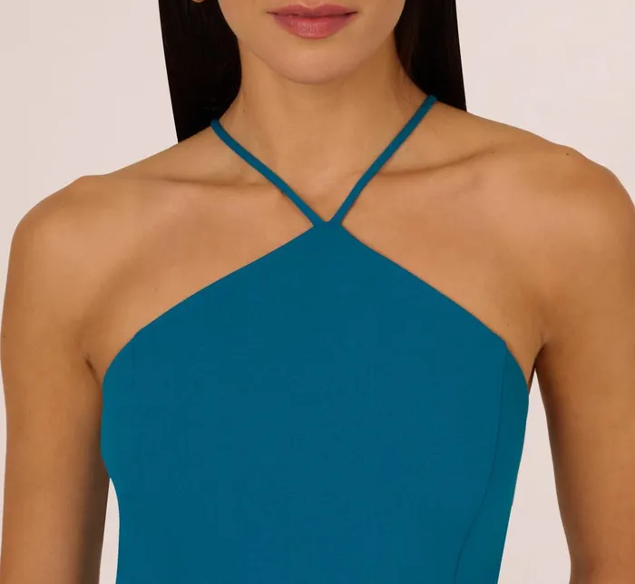 Adrianna Papell Wedding Guest Dresses Knit And Mesh Tiered Midi Halter Dress In Peacock 8211 Women