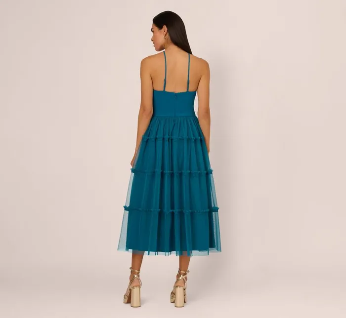 Adrianna Papell Wedding Guest Dresses Knit And Mesh Tiered Midi Halter Dress In Peacock 8211 Women