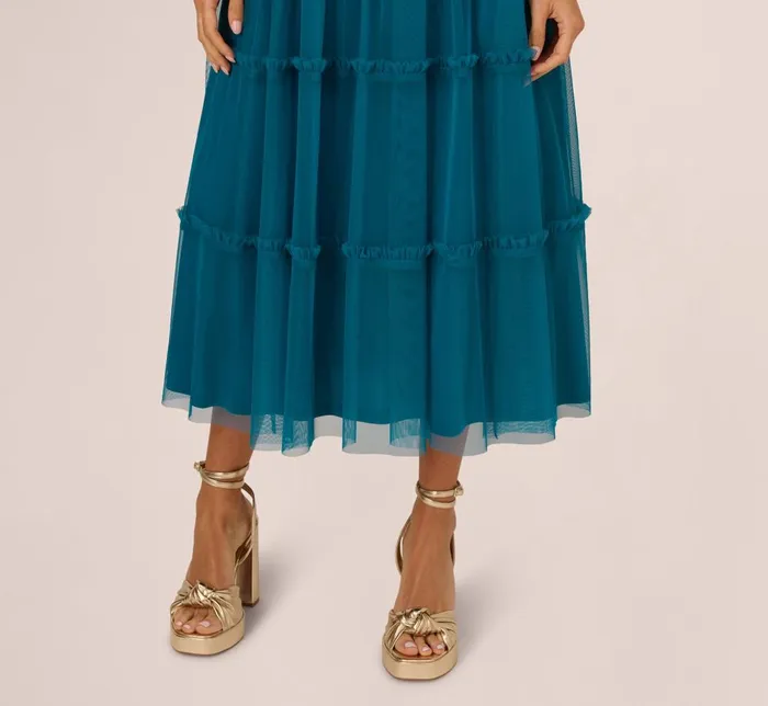 Adrianna Papell Wedding Guest Dresses Knit And Mesh Tiered Midi Halter Dress In Peacock 8211 Women