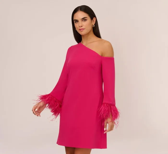 Adrianna Papell Wedding Guest Dresses Knit Crepe One Shoulder Long Sleeve Dress With Feather Accents In Bright Rose 8211 Women