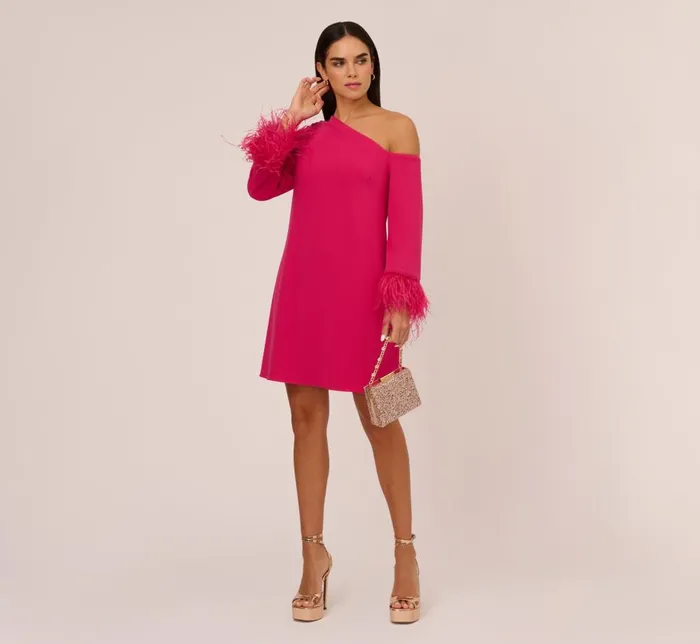 Adrianna Papell Wedding Guest Dresses Knit Crepe One Shoulder Long Sleeve Dress With Feather Accents In Bright Rose 8211 Women