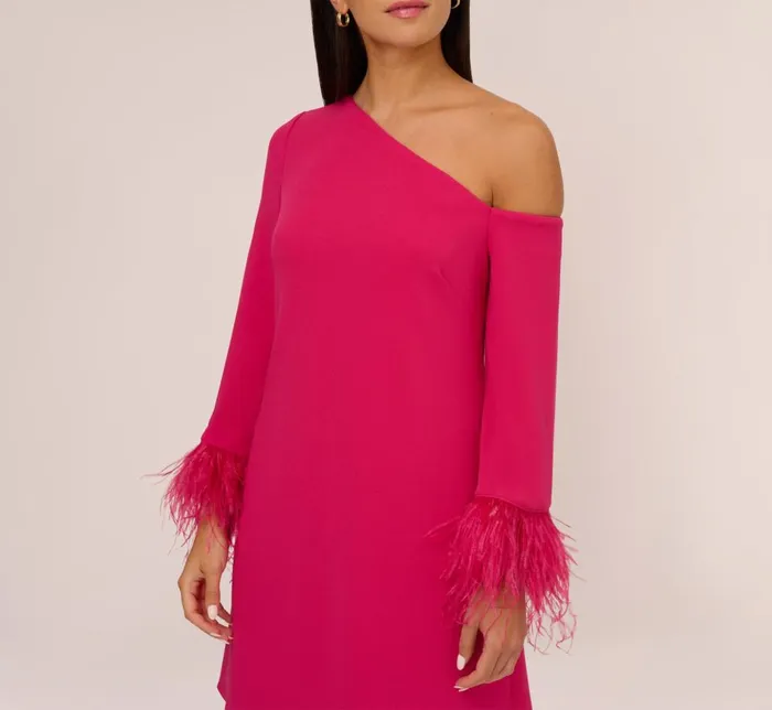 Adrianna Papell Wedding Guest Dresses Knit Crepe One Shoulder Long Sleeve Dress With Feather Accents In Bright Rose 8211 Women
