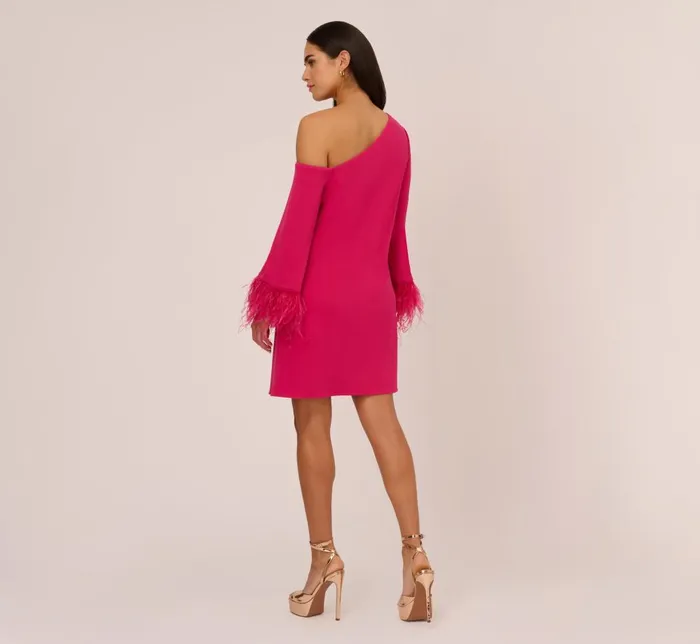 Adrianna Papell Wedding Guest Dresses Knit Crepe One Shoulder Long Sleeve Dress With Feather Accents In Bright Rose 8211 Women