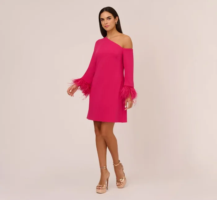 Adrianna Papell Wedding Guest Dresses Knit Crepe One Shoulder Long Sleeve Dress With Feather Accents In Bright Rose 8211 Women