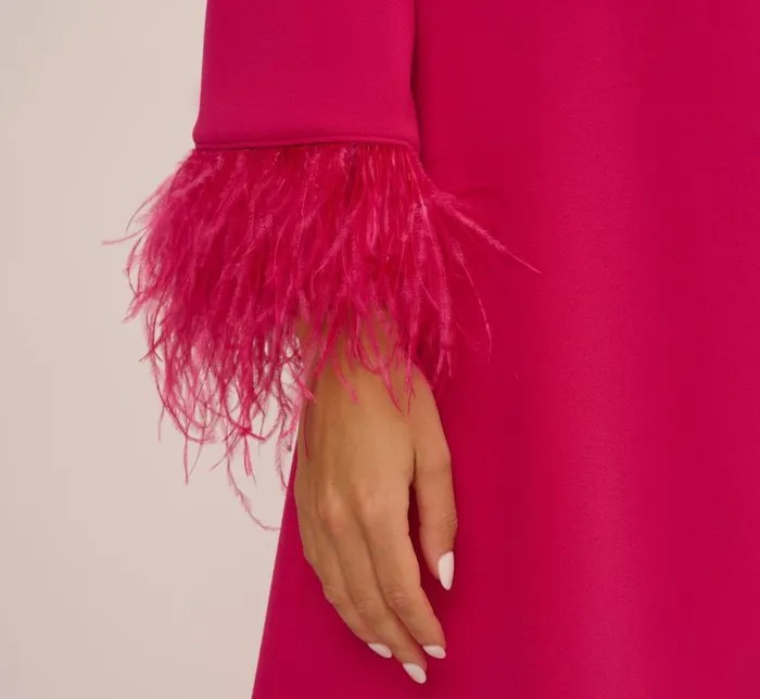 Adrianna Papell Wedding Guest Dresses Knit Crepe One Shoulder Long Sleeve Dress With Feather Accents In Bright Rose 8211 Women