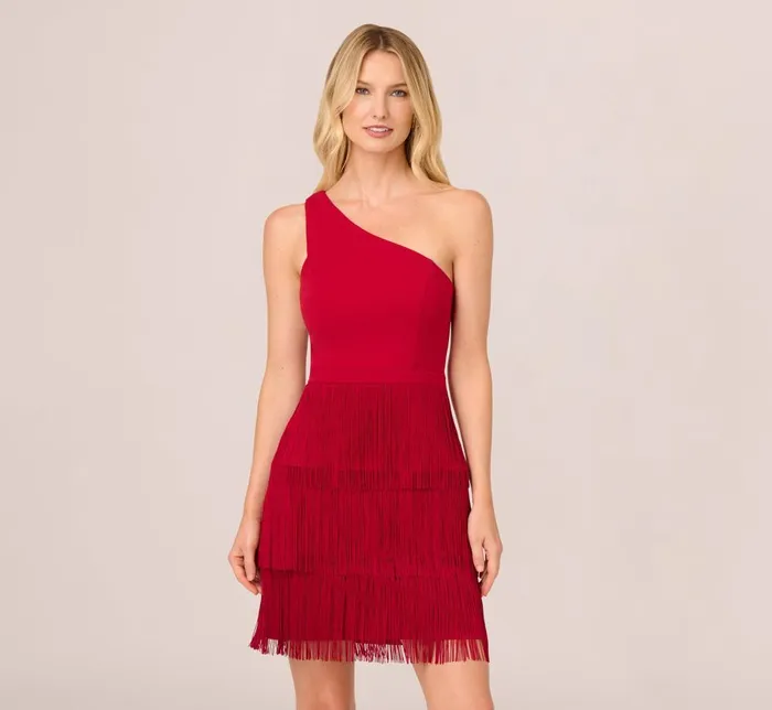 Adrianna Papell Wedding Guest Dresses One Shoulder Fringe Mini Dress In Matador Red 8211 Women