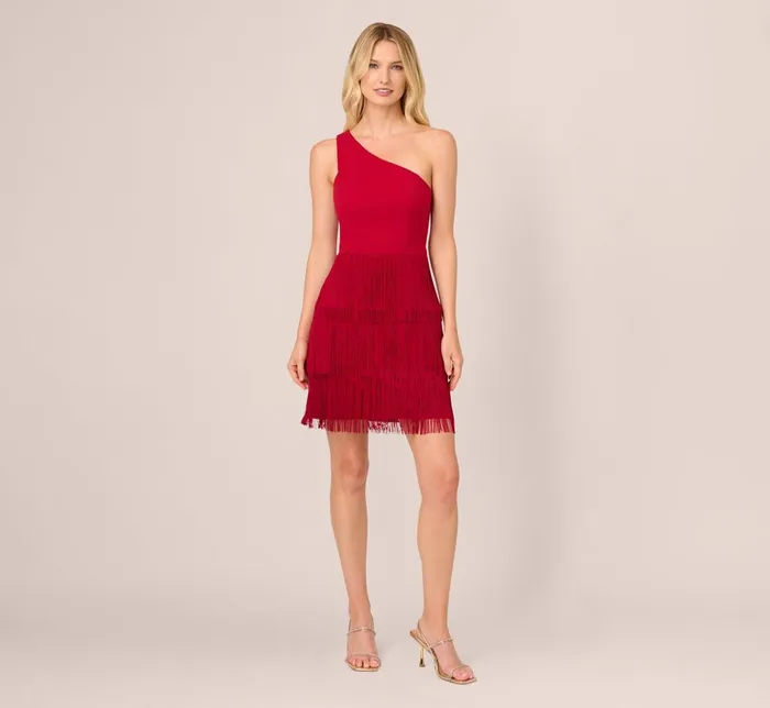 Adrianna Papell Wedding Guest Dresses One Shoulder Fringe Mini Dress In Matador Red 8211 Women