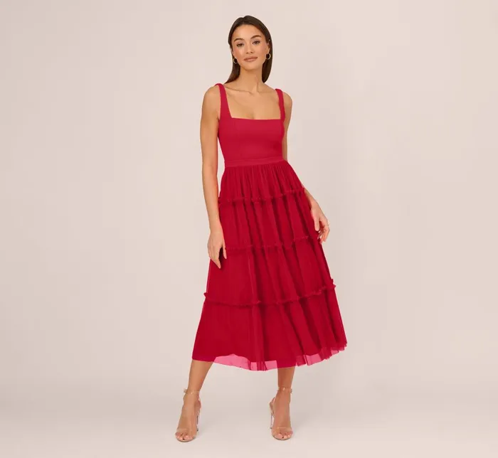 Adrianna Papell Wedding Guest Dresses Sleeveless Midi Dress With Square Neck And Tiered Skirt In Matador Red 8211 Women