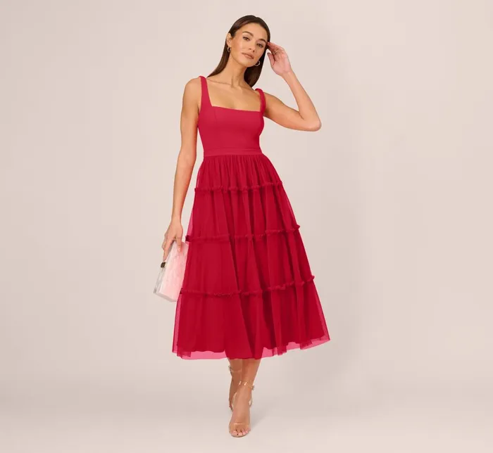 Adrianna Papell Wedding Guest Dresses Sleeveless Midi Dress With Square Neck And Tiered Skirt In Matador Red 8211 Women