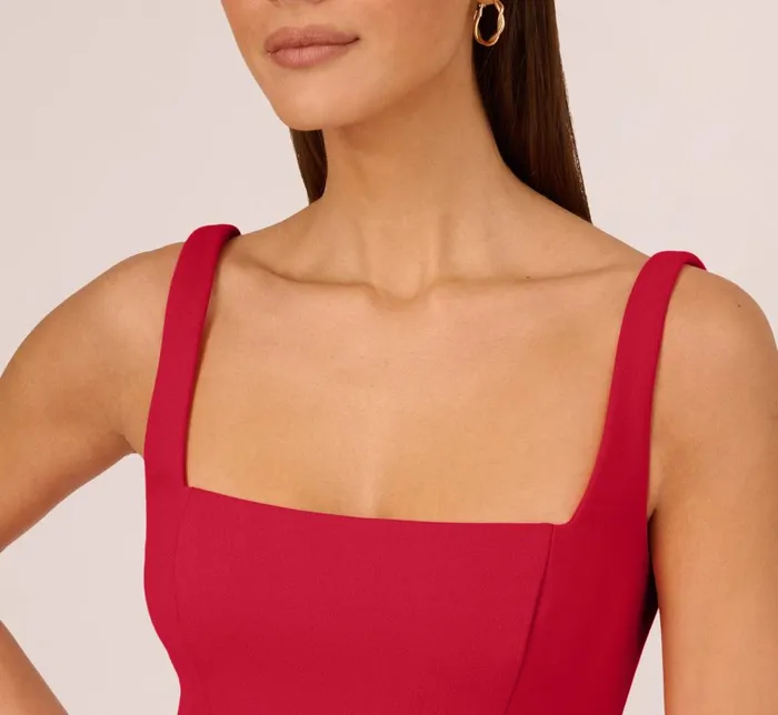 Adrianna Papell Wedding Guest Dresses Sleeveless Midi Dress With Square Neck And Tiered Skirt In Matador Red 8211 Women