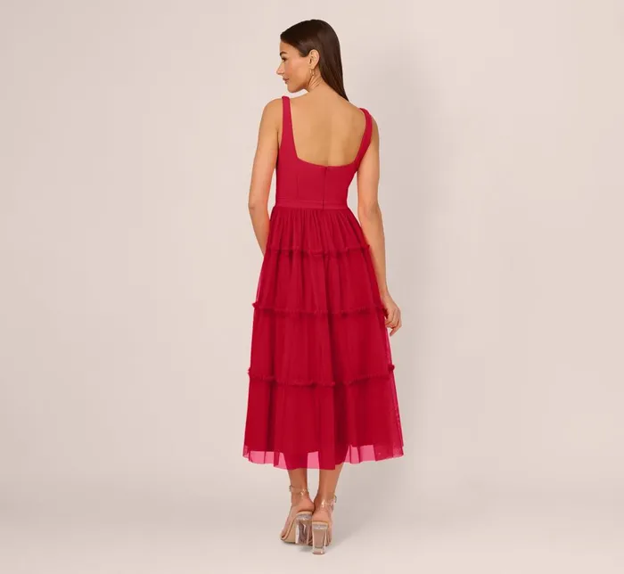 Adrianna Papell Wedding Guest Dresses Sleeveless Midi Dress With Square Neck And Tiered Skirt In Matador Red 8211 Women