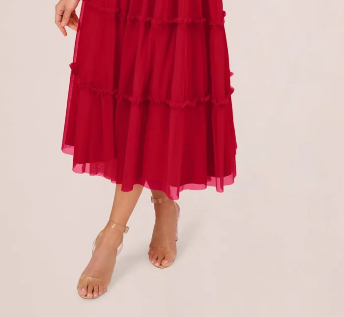 Adrianna Papell Wedding Guest Dresses Sleeveless Midi Dress With Square Neck And Tiered Skirt In Matador Red 8211 Women