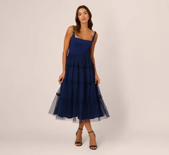 Adrianna Papell Wedding Guest Dresses Sleeveless Midi Dress With Square Neck And Tiered Skirt In Navy 8211 Women
