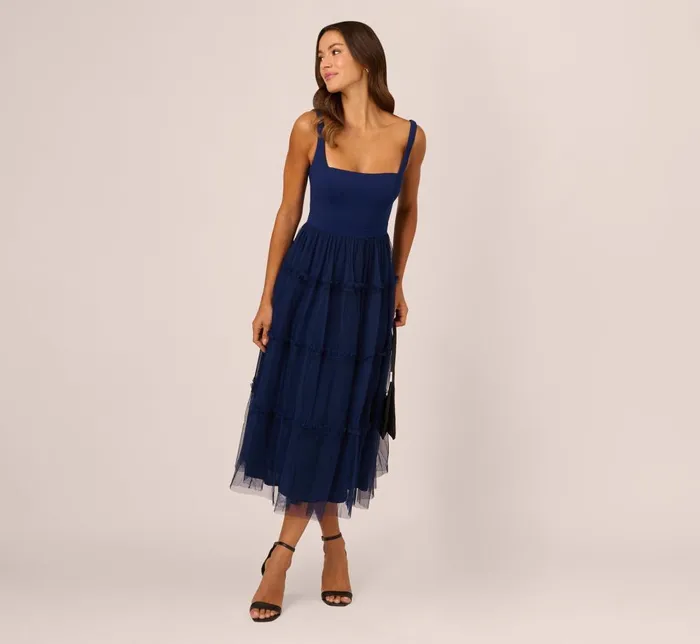 Adrianna Papell Wedding Guest Dresses Sleeveless Midi Dress With Square Neck And Tiered Skirt In Navy 8211 Women