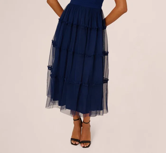 Adrianna Papell Wedding Guest Dresses Sleeveless Midi Dress With Square Neck And Tiered Skirt In Navy 8211 Women