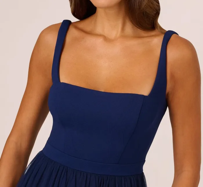 Adrianna Papell Wedding Guest Dresses Sleeveless Midi Dress With Square Neck And Tiered Skirt In Navy 8211 Women