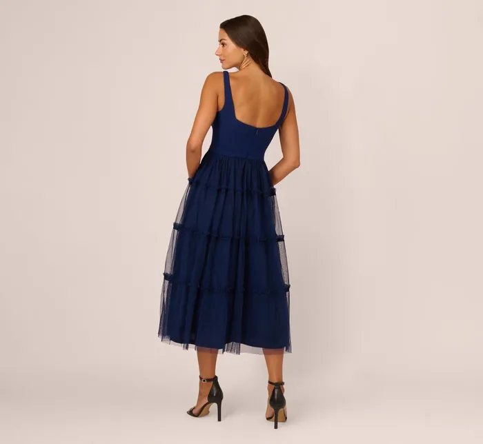 Adrianna Papell Wedding Guest Dresses Sleeveless Midi Dress With Square Neck And Tiered Skirt In Navy 8211 Women