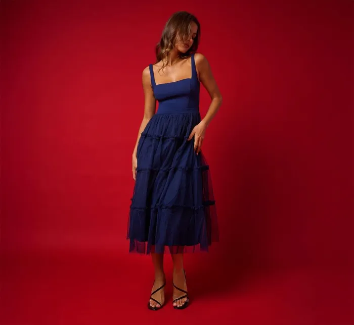 Adrianna Papell Wedding Guest Dresses Sleeveless Midi Dress With Square Neck And Tiered Skirt In Navy 8211 Women
