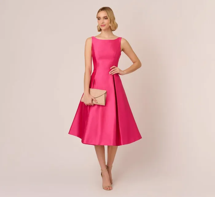 Adrianna Papell Wedding Guest Dresses Sleeveless Mikado Fit And Flare Midi Dress With VBack In Electric Pink 8211 Women