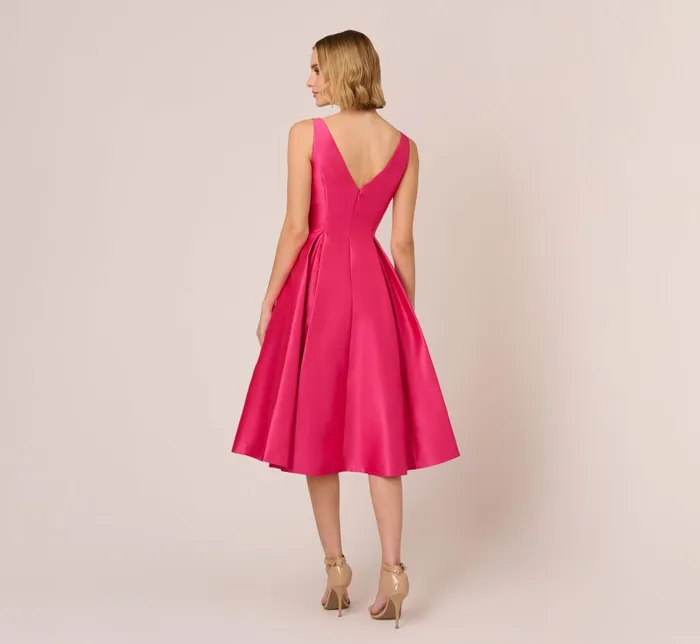 Adrianna Papell Wedding Guest Dresses Sleeveless Mikado Fit And Flare Midi Dress With VBack In Electric Pink 8211 Women