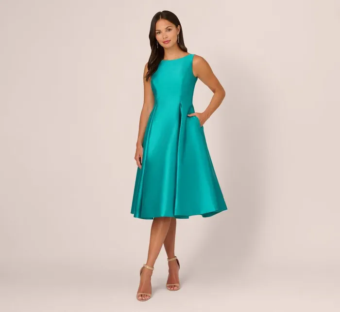 Adrianna Papell Wedding Guest Dresses Sleeveless Mikado Fit And Flare Midi Dress With VBack In Exotic Jade 8211 Women