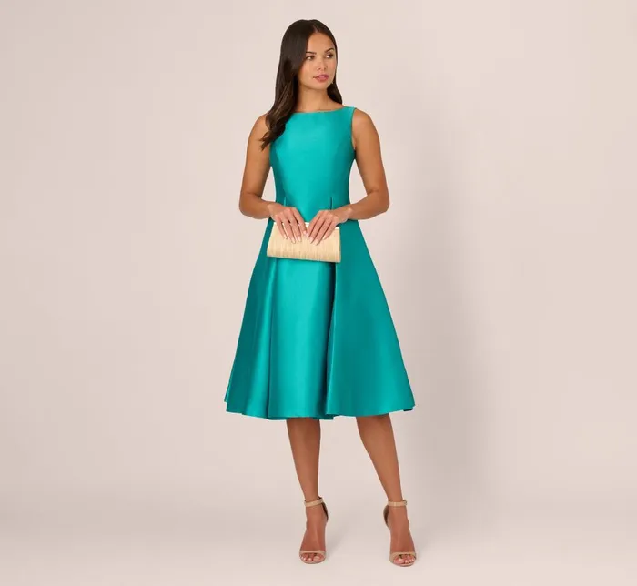 Adrianna Papell Wedding Guest Dresses Sleeveless Mikado Fit And Flare Midi Dress With VBack In Exotic Jade 8211 Women