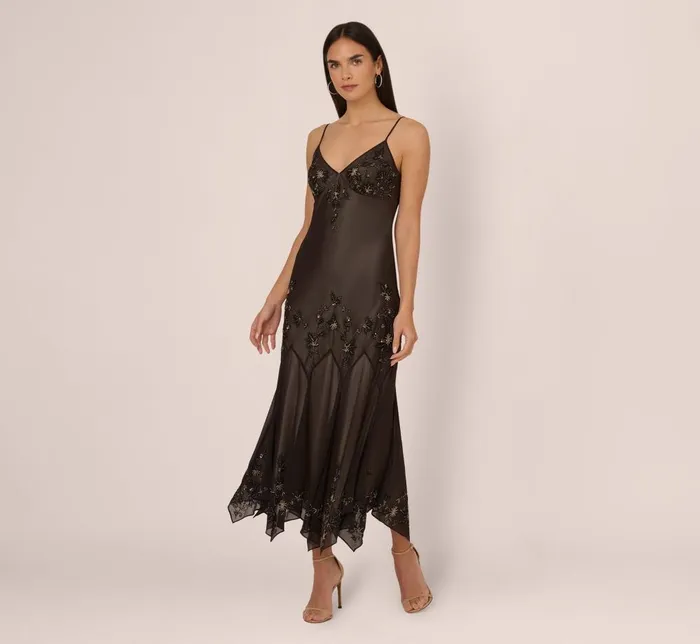 Adrianna Papell Wedding Guest Dresses Vintage Beaded Fairy AnkleLength Dress With Sharkbite Hem In Black Nude 8211 Women
