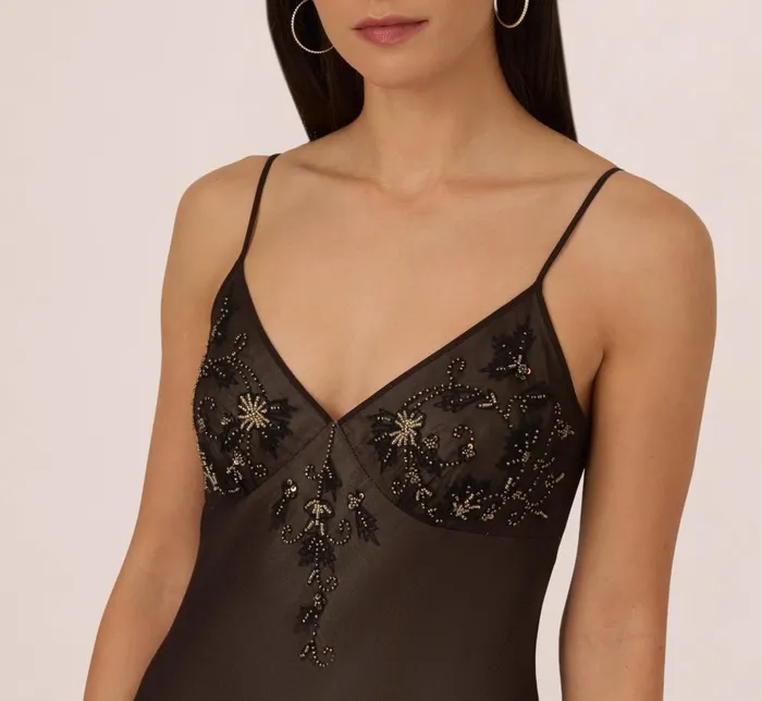 Adrianna Papell Wedding Guest Dresses Vintage Beaded Fairy AnkleLength Dress With Sharkbite Hem In Black Nude 8211 Women