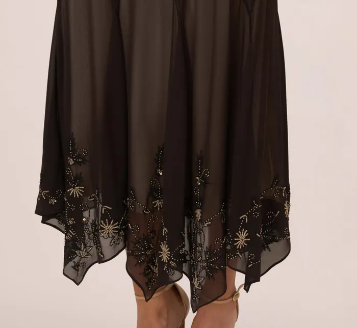 Adrianna Papell Wedding Guest Dresses Vintage Beaded Fairy AnkleLength Dress With Sharkbite Hem In Black Nude 8211 Women