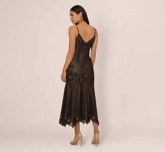 Adrianna Papell Wedding Guest Dresses Vintage Beaded Fairy AnkleLength Dress With Sharkbite Hem In Black Nude 8211 Women
