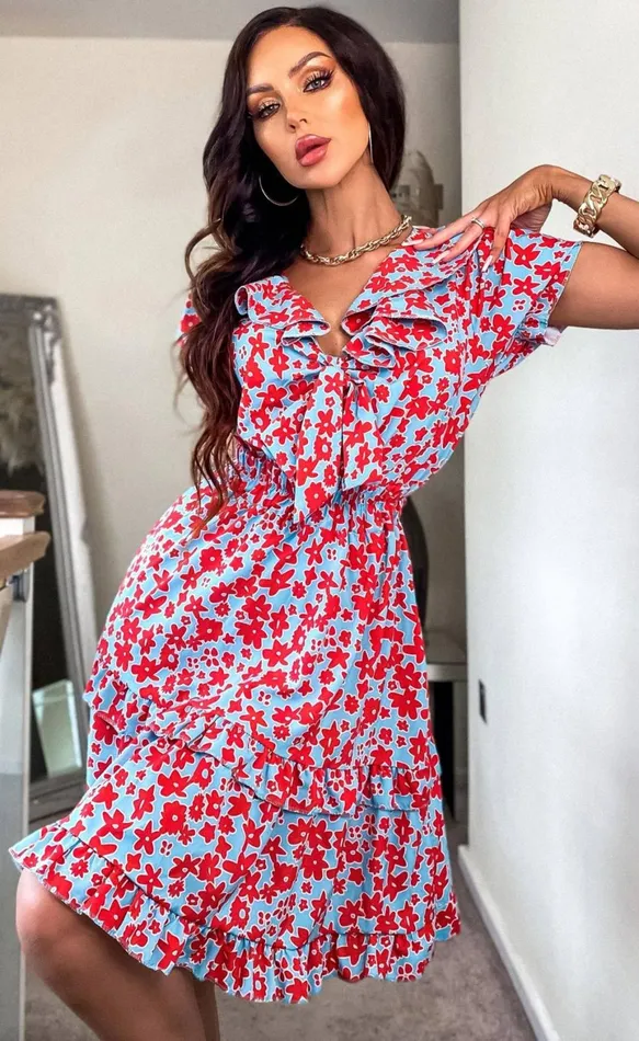 Andrea Red Floral Frill Tiered Dress Women Missfiga Skater Dresses