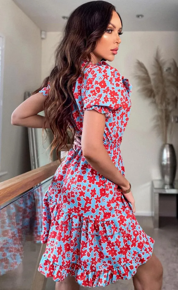 Andrea Red Floral Frill Tiered Dress Women Missfiga Skater Dresses