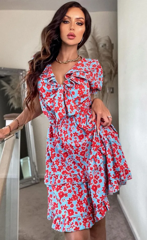 Andrea Red Floral Frill Tiered Dress Women Missfiga Skater Dresses