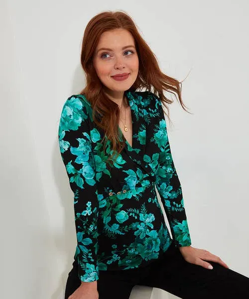 Apparel Joebrowns Hallie Jersey Print Wrap Top Black Tops Tunics and Blouses