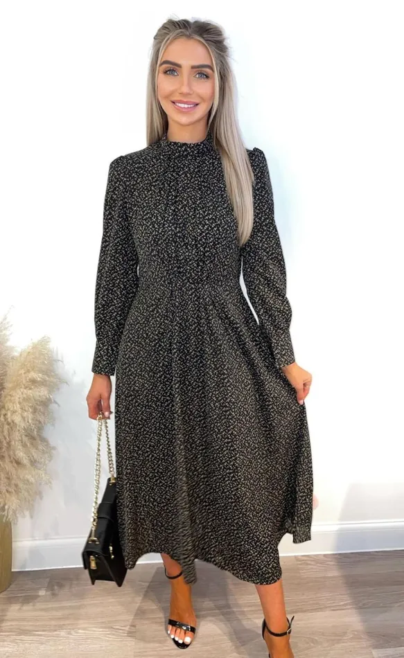 Astha Black Ditsy Floral Midi Dress Women Missfiga Skater Dresses